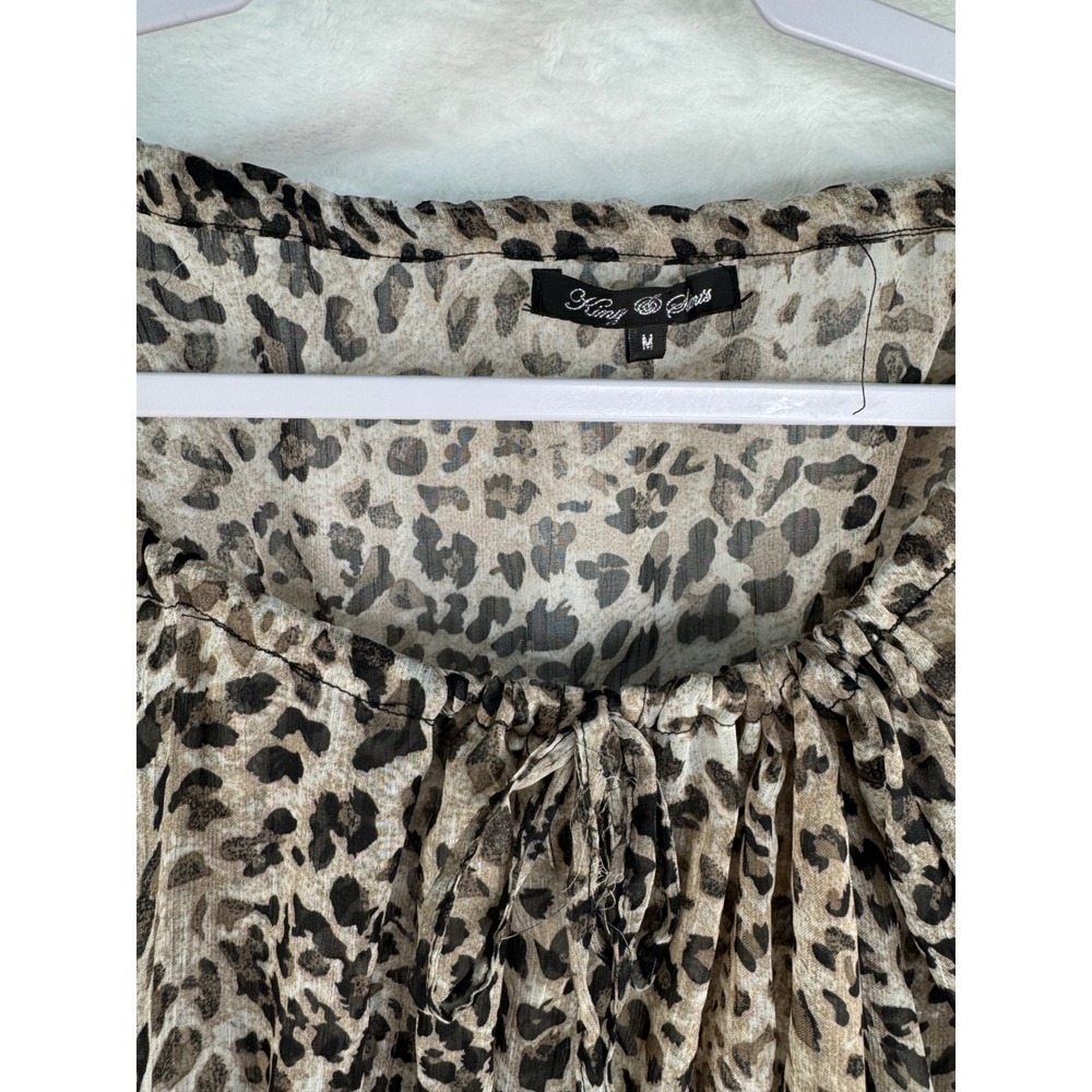 King & Girls Leopard Print Smocked Waist Ruffle Sleeve Sheer Blouse Medium - Picture 7 of 8